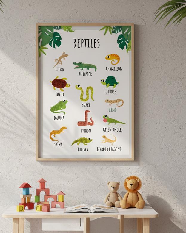 Reptiles Illustration Rolled Poster | Lizard Gecko Snake Turtle Tortoise Chart | Rolled Art That Celebrate Reptiles In Clean, Modern Layout