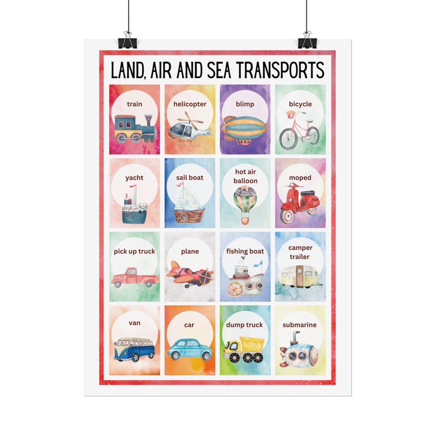 Land Air and Sea Transports Rolled Poster | Kids Transportation Wall,Nursery Art | Watercolor Illustrations of Land, Air, and Sea Transports