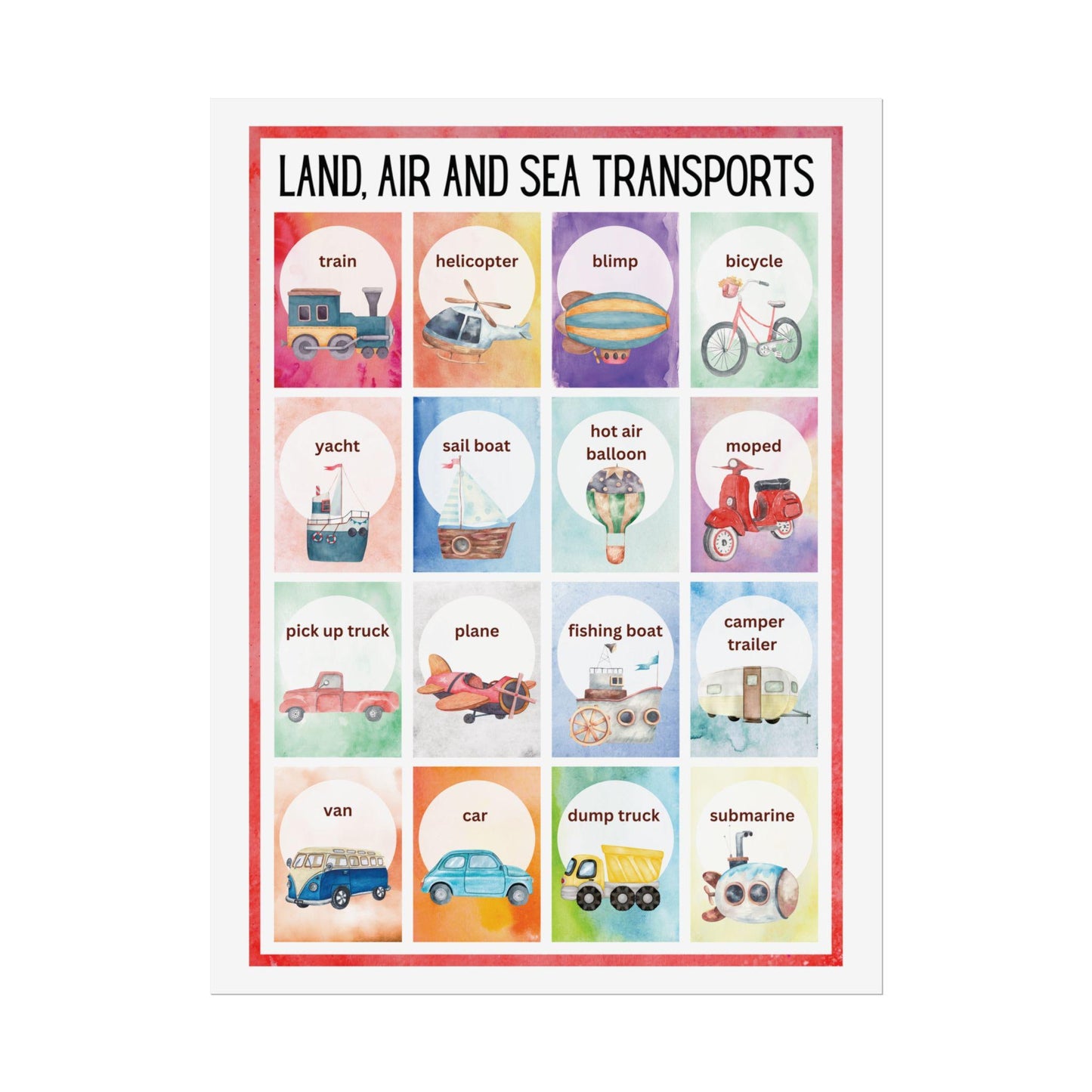 Land Air and Sea Transports Rolled Poster | Kids Transportation Wall,Nursery Art | Watercolor Illustrations of Land, Air, and Sea Transports