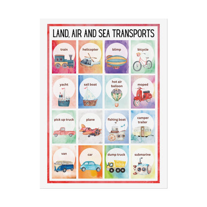 Land Air and Sea Transports Rolled Poster | Kids Transportation Wall,Nursery Art | Watercolor Illustrations of Land, Air, and Sea Transports