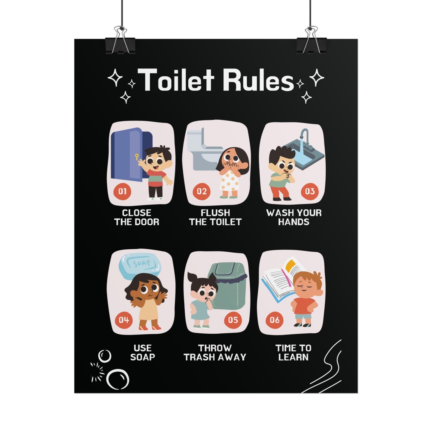 Toilet Rules Rolled Poster | Kids Bathroom Illustrated Chart | Posters Designed To Teach And Remind kids About Bathroom Habits