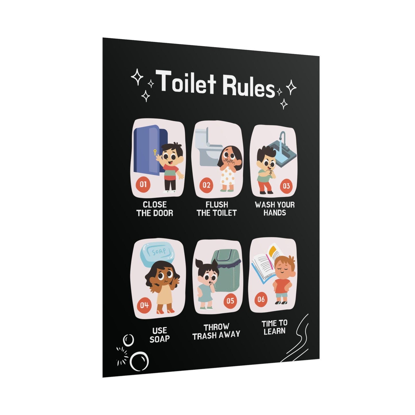 Toilet Rules Rolled Poster | Kids Bathroom Illustrated Chart | Posters Designed To Teach And Remind kids About Bathroom Habits