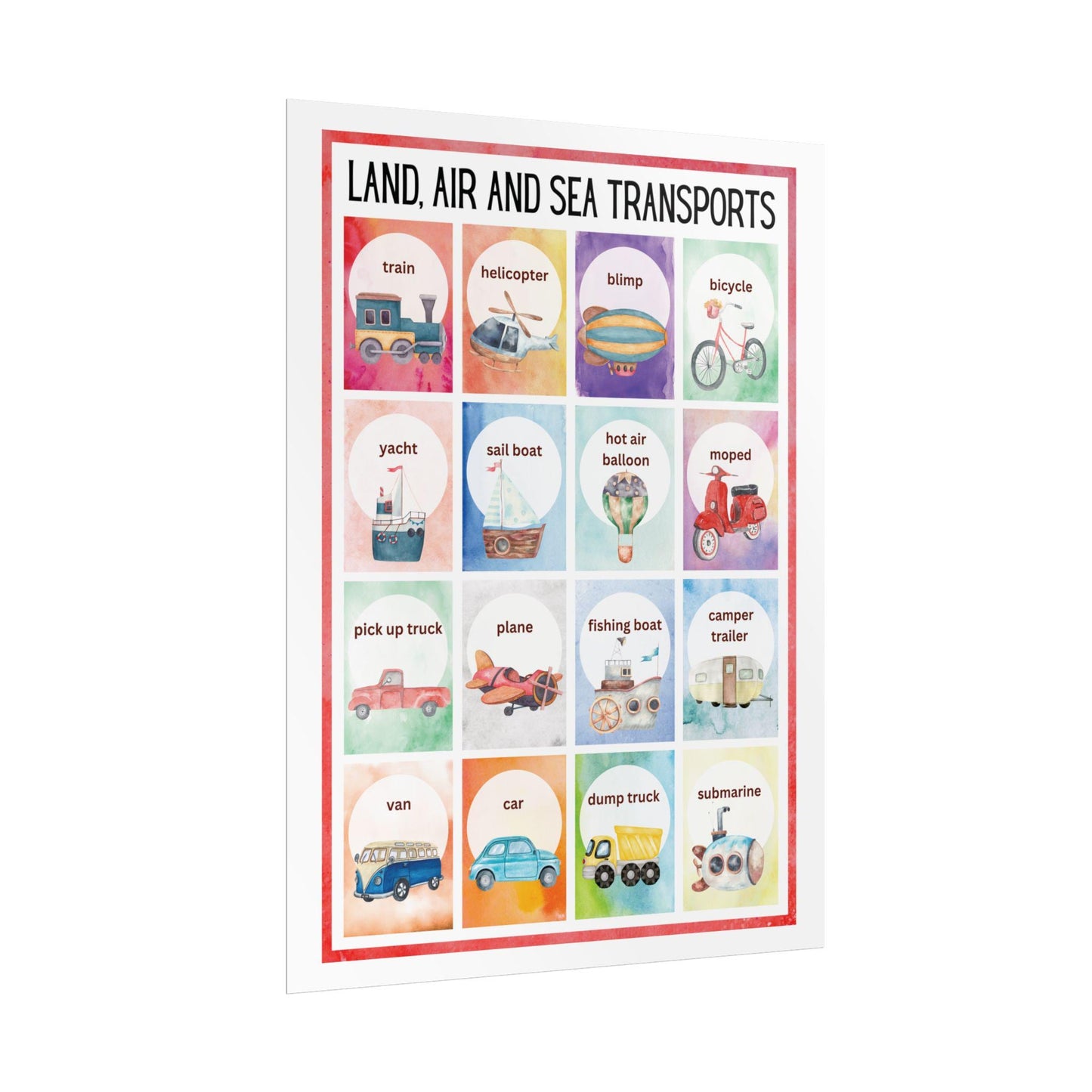 Land Air and Sea Transports Rolled Poster | Kids Transportation Wall,Nursery Art | Watercolor Illustrations of Land, Air, and Sea Transports