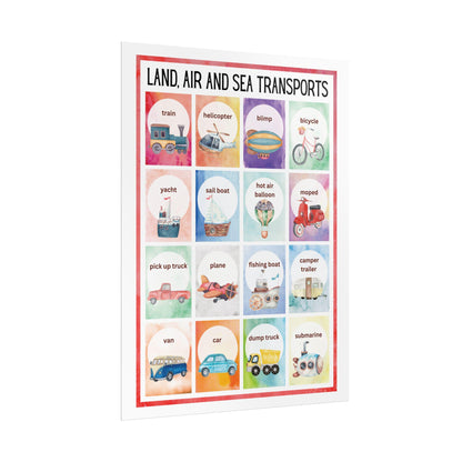 Land Air and Sea Transports Rolled Poster | Kids Transportation Wall,Nursery Art | Watercolor Illustrations of Land, Air, and Sea Transports
