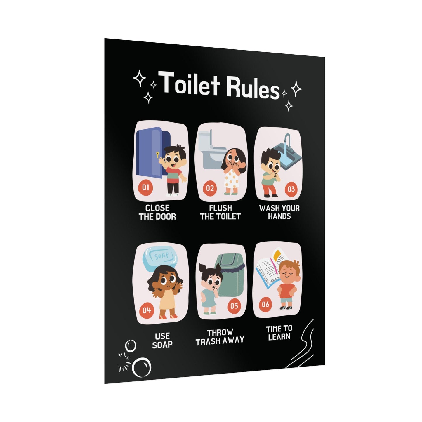 Toilet Rules Rolled Poster | Kids Bathroom Illustrated Chart | Posters Designed To Teach And Remind kids About Bathroom Habits