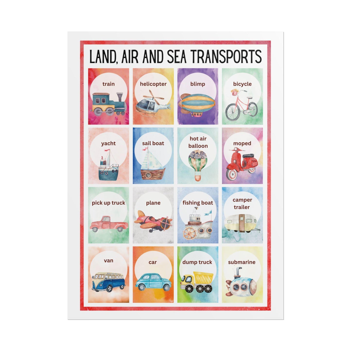 Land Air and Sea Transports Rolled Poster | Kids Transportation Wall,Nursery Art | Watercolor Illustrations of Land, Air, and Sea Transports