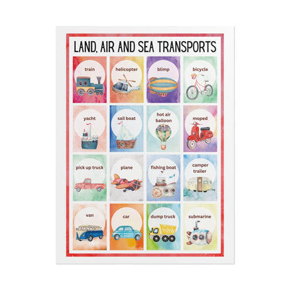 Land Air and Sea Transports Rolled Poster | Kids Transportation Wall,Nursery Art | Watercolor Illustrations of Land, Air, and Sea Transports