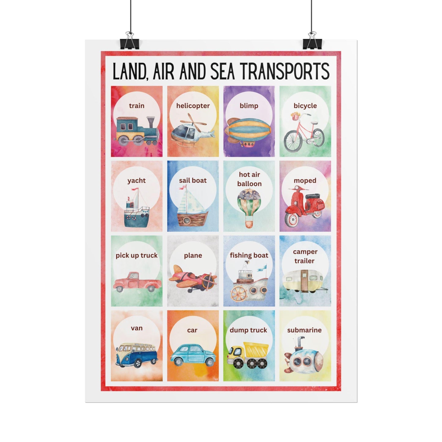 Land Air and Sea Transports Rolled Poster | Kids Transportation Wall,Nursery Art | Watercolor Illustrations of Land, Air, and Sea Transports