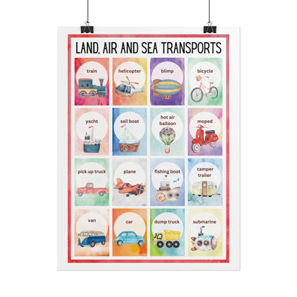 Land Air and Sea Transports Rolled Poster | Kids Transportation Wall,Nursery Art | Watercolor Illustrations of Land, Air, and Sea Transports