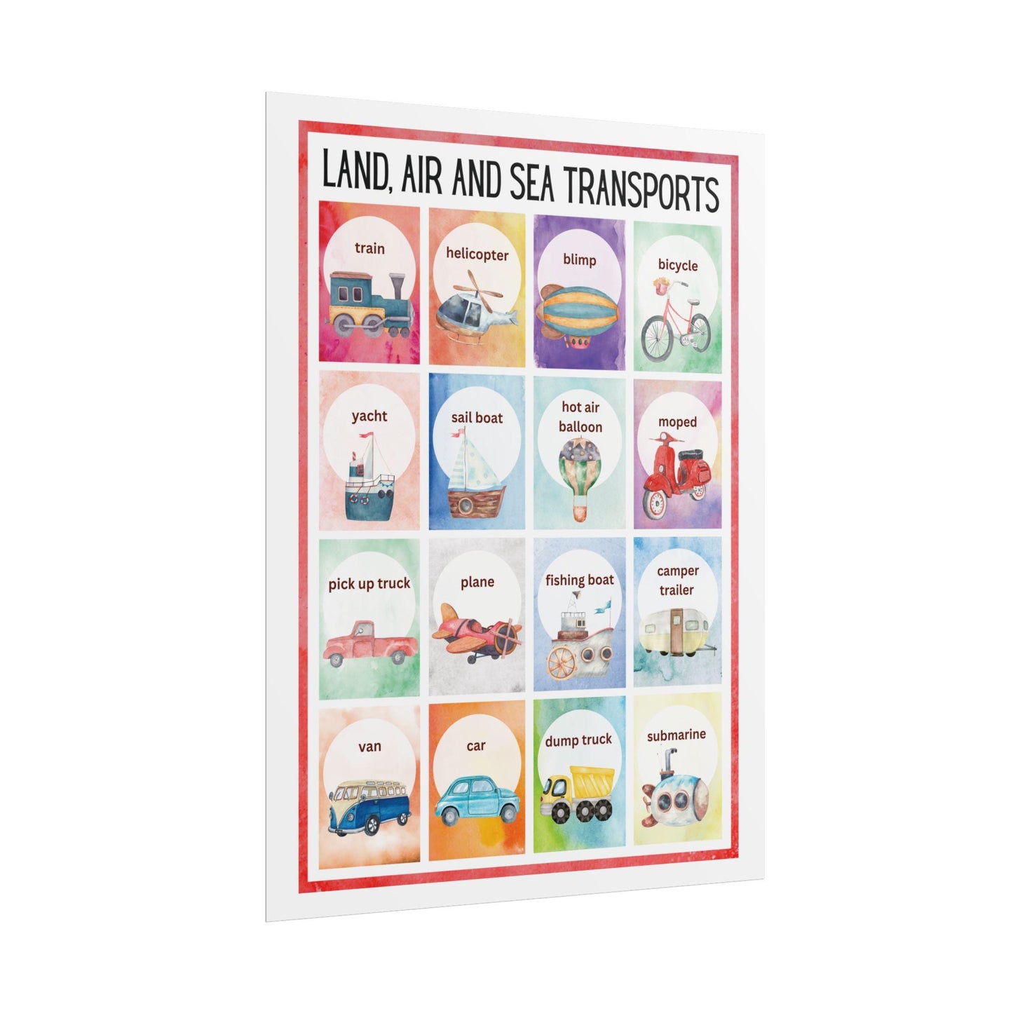 Land Air and Sea Transports Rolled Poster | Kids Transportation Wall,Nursery Art | Watercolor Illustrations of Land, Air, and Sea Transports