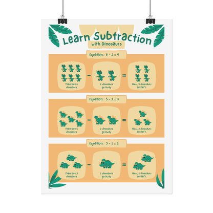 Dinosaur Subtraction Poster Rolled Poster | Kids Math Classroom Wall Art | Cheerful Dinos Demonstrate Subtraction