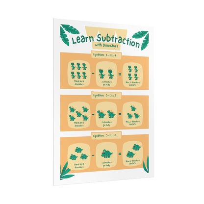 Dinosaur Subtraction Poster Rolled Poster | Kids Math Classroom Wall Art | Cheerful Dinos Demonstrate Subtraction