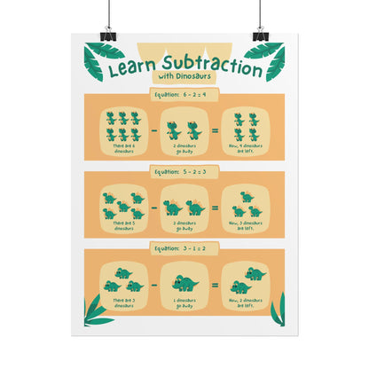 Dinosaur Subtraction Poster Rolled Poster | Kids Math Classroom Wall Art | Cheerful Dinos Demonstrate Subtraction