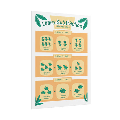 Dinosaur Subtraction Poster Rolled Poster | Kids Math Classroom Wall Art | Cheerful Dinos Demonstrate Subtraction
