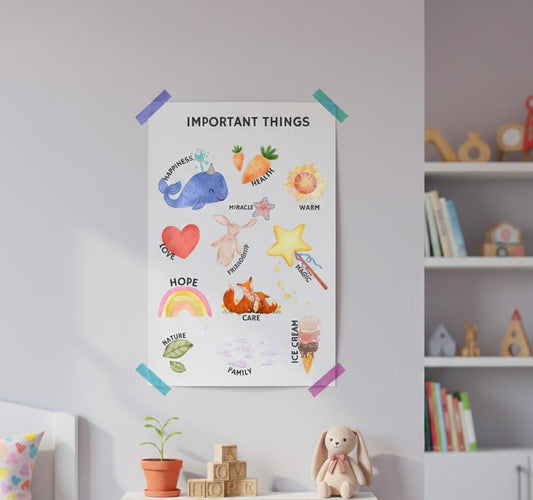 Important Things whimsical watercolor poster | Rolled Poster | Handmade-Feel Poster That List Important Things With Soft Watercolor Icons