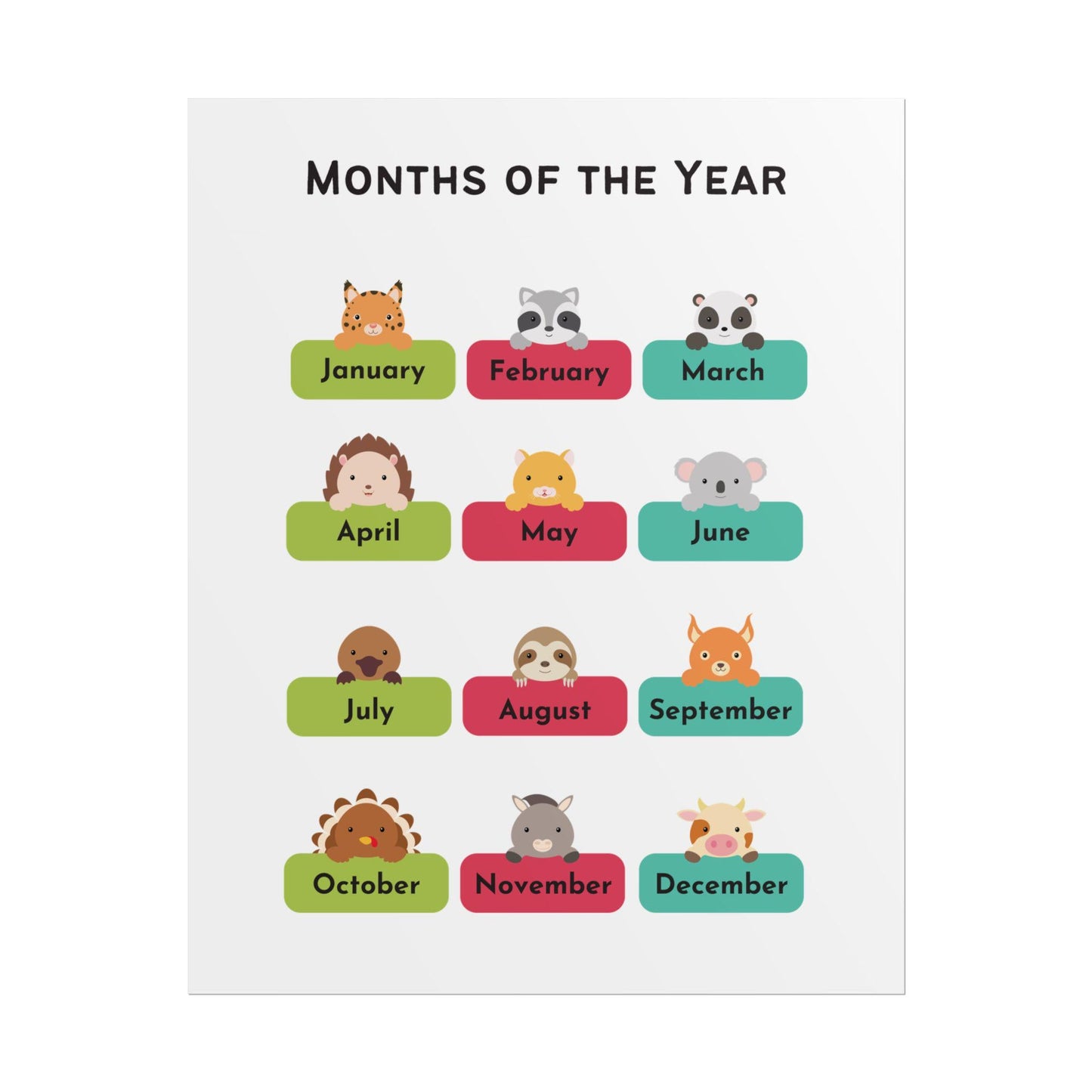 Months of the Year Animal Chart poster | Rolled Posters | Rolled Poster That Charts The Months of The Year