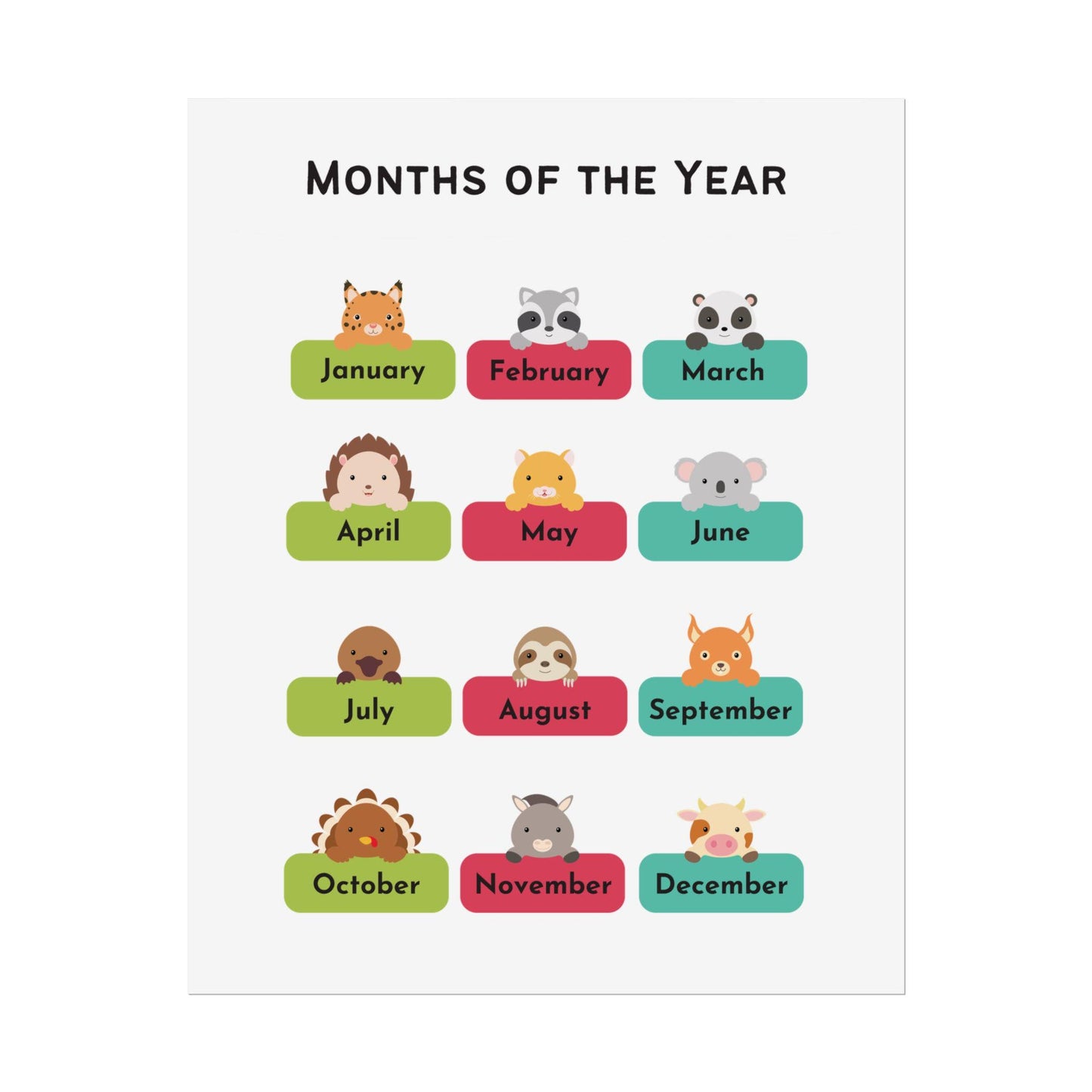 Months of the Year Animal Chart poster | Rolled Posters | Rolled Poster That Charts The Months of The Year