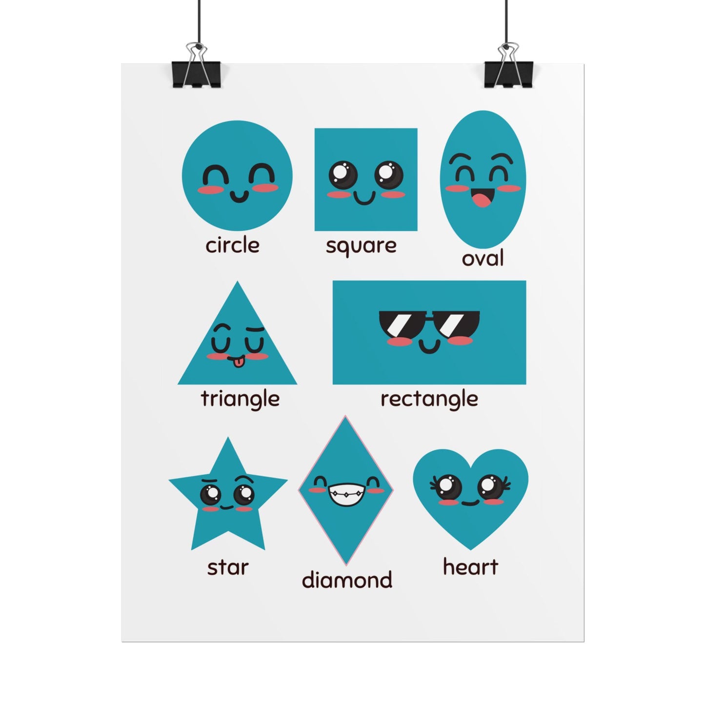 Cute Kawaii Shapes Chart Rolled Poster | Circle Square Triangle Heart Diamond | Bright, Cheerful Rolled Posters That Bring Playful Geometry