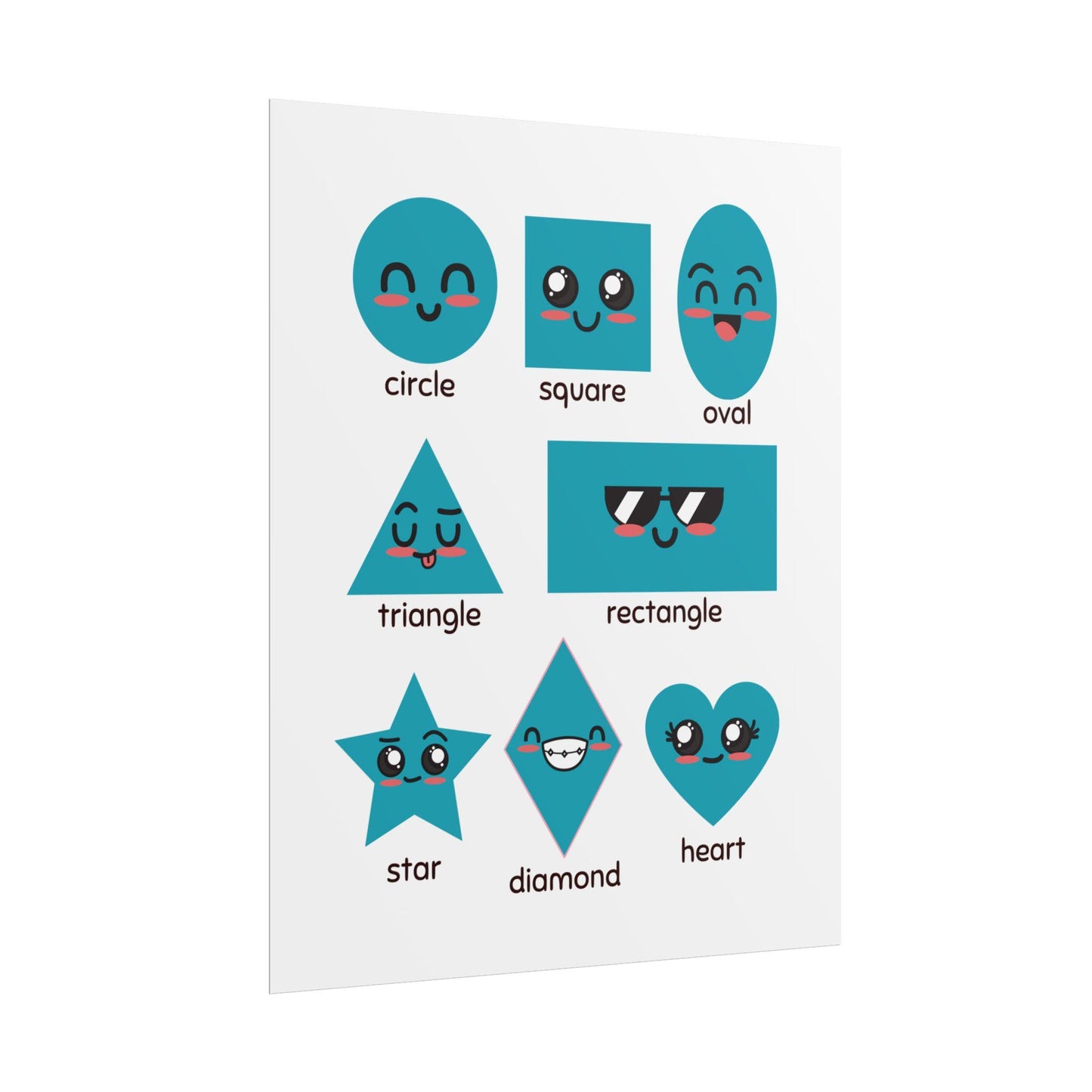 Cute Kawaii Shapes Chart Rolled Poster | Circle Square Triangle Heart Diamond | Bright, Cheerful Rolled Posters That Bring Playful Geometry