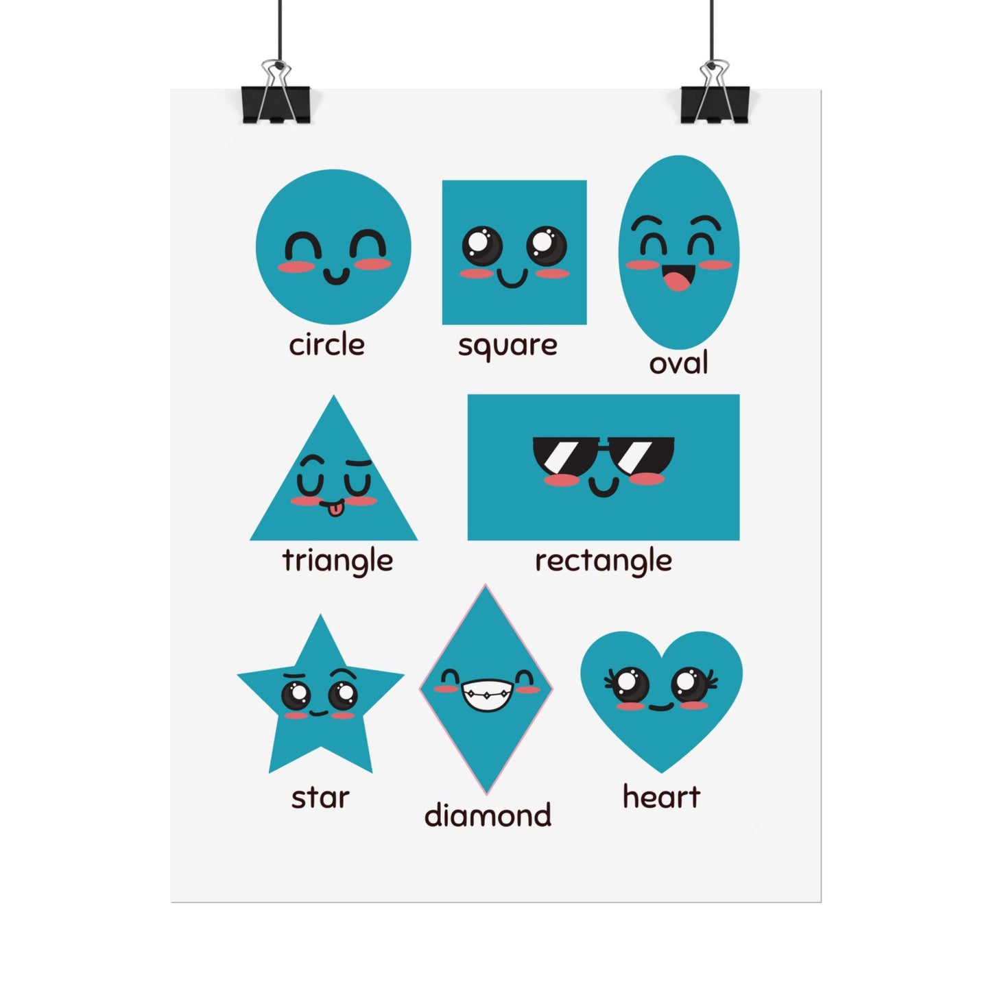 Cute Kawaii Shapes Chart Rolled Poster | Circle Square Triangle Heart Diamond | Bright, Cheerful Rolled Posters That Bring Playful Geometry