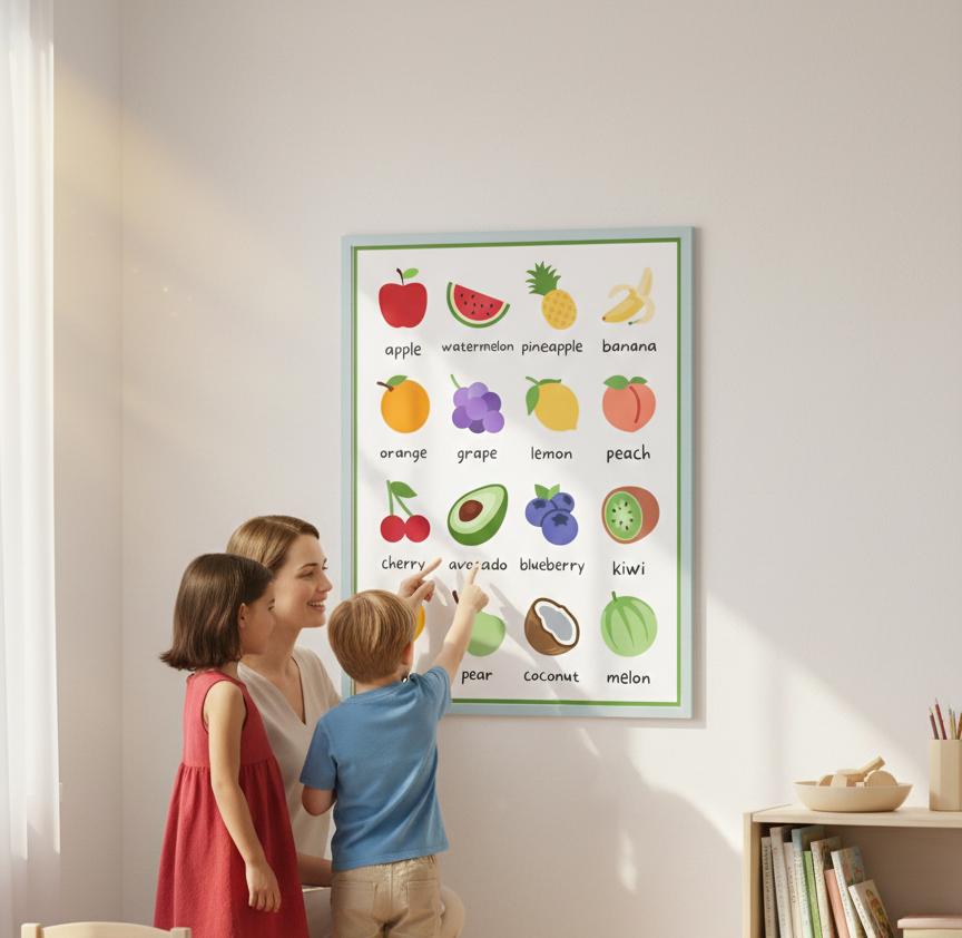 Fruity Flashcards Poster Rolled Posters | Fruit Alphabet Wall Art, Nursery Kitchen Decor | Bright, Playful Alphabet-Style Fruit Poster
