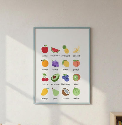 Fruity Flashcards Poster Rolled Posters | Fruit Alphabet Wall Art, Nursery Kitchen Decor | Bright, Playful Alphabet-Style Fruit Poster