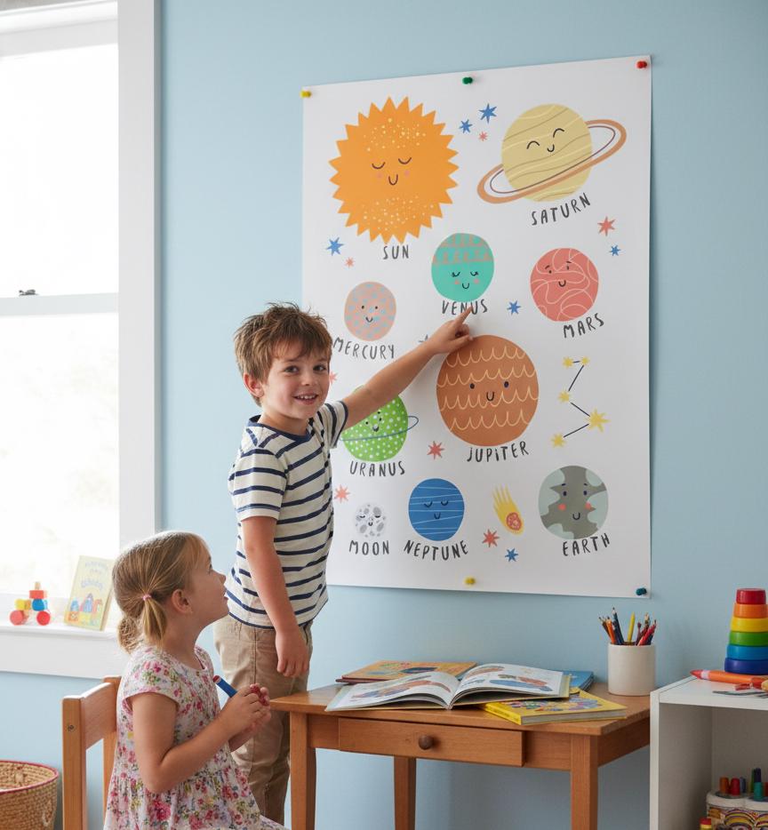 Cute Solar System Planets Rolled Poster | Space Nursery Wall Art | A Bright, Playful Space Poster That Brings A Little Solar-System