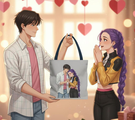 K-POP Romantic Couple Illustration Tote Bag | Rujinu Anime Style Bag | K-POP Demon Hunters Couple Gift | Rumi and Jinu K-POP Couple Gift