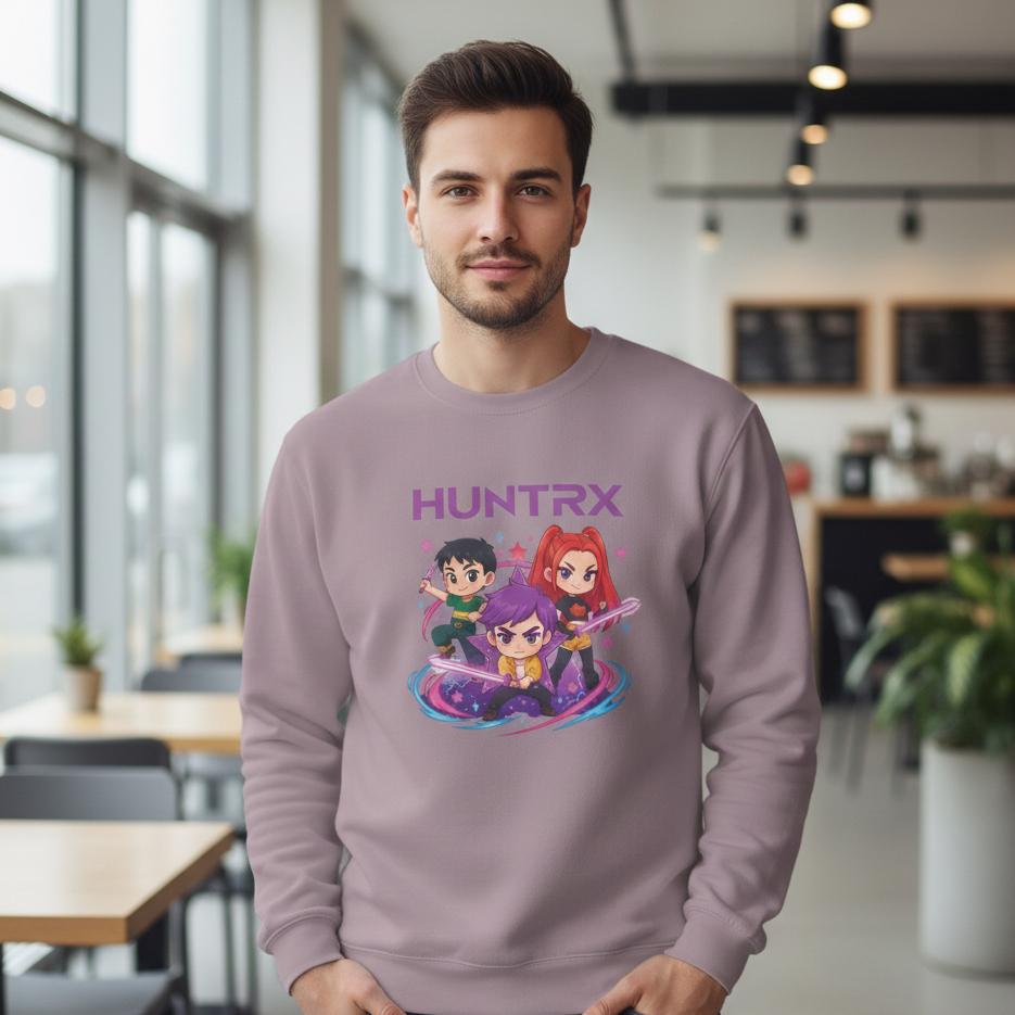 Huntrx Chibi Characters Crewneck Sweatshirt | Kawaii Sweatshirt | K-Pop Demon Hunters Sweatshirt | Huntrix Sweatshirt | Saja Boys Sweatshirt
