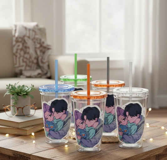 Rumi and Jinu Couple Hugging with Plush Monster Tumbler | K-Pop Demon Hunters Couple Tumbler | Rujinu K-Pop Tumbler | Huntrix Rujinu Tumbler
