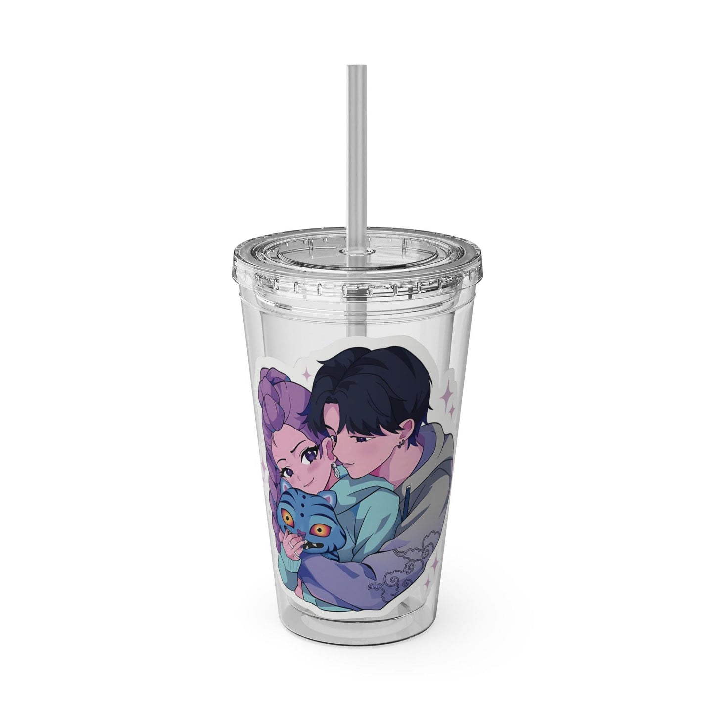 Rumi and Jinu Couple Hugging with Plush Monster Tumbler | K-Pop Demon Hunters Couple Tumbler | Rujinu K-Pop Tumbler | Huntrix Rujinu Tumbler