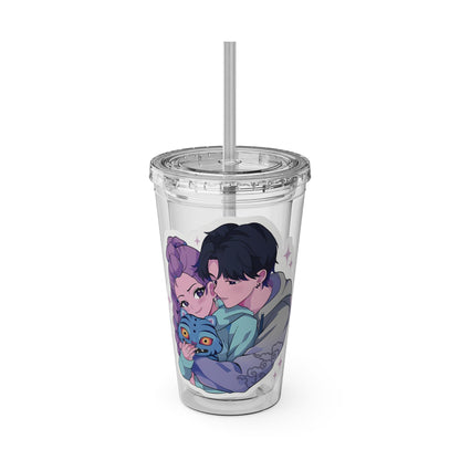 Rumi and Jinu Couple Hugging with Plush Monster Tumbler | K-Pop Demon Hunters Couple Tumbler | Rujinu K-Pop Tumbler | Huntrix Rujinu Tumbler