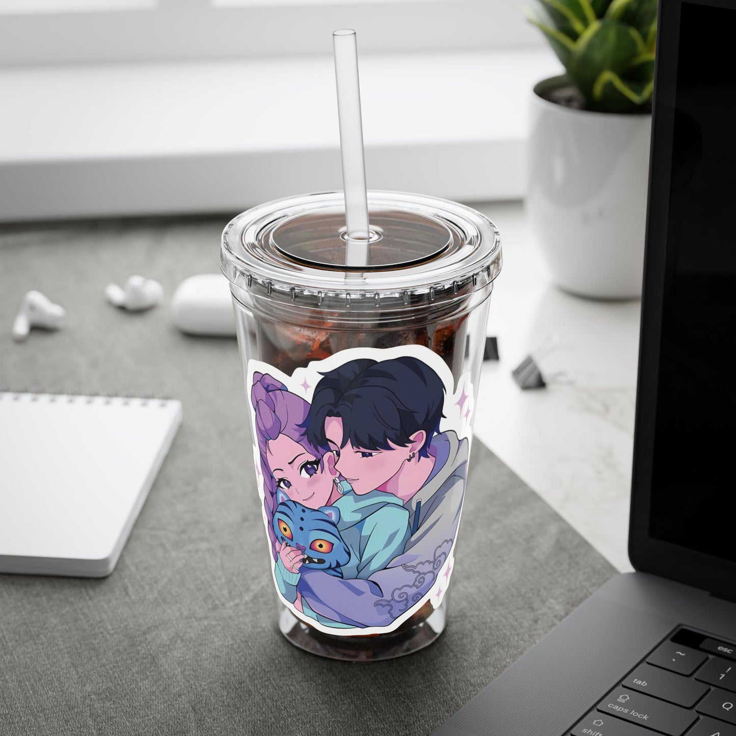 Rumi and Jinu Couple Hugging with Plush Monster Tumbler | K-Pop Demon Hunters Couple Tumbler | Rujinu K-Pop Tumbler | Huntrix Rujinu Tumbler