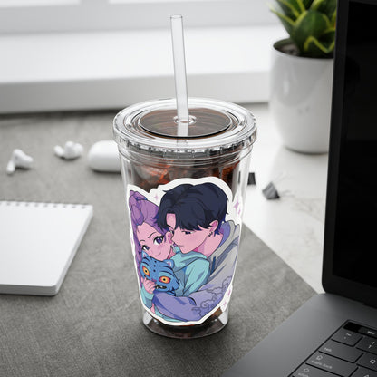 Rumi and Jinu Couple Hugging with Plush Monster Tumbler | K-Pop Demon Hunters Couple Tumbler | Rujinu K-Pop Tumbler | Huntrix Rujinu Tumbler