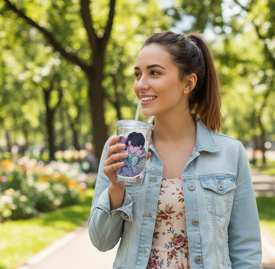 Rumi and Jinu Couple Hugging with Plush Monster Tumbler | K-Pop Demon Hunters Couple Tumbler | Rujinu K-Pop Tumbler | Huntrix Rujinu Tumbler
