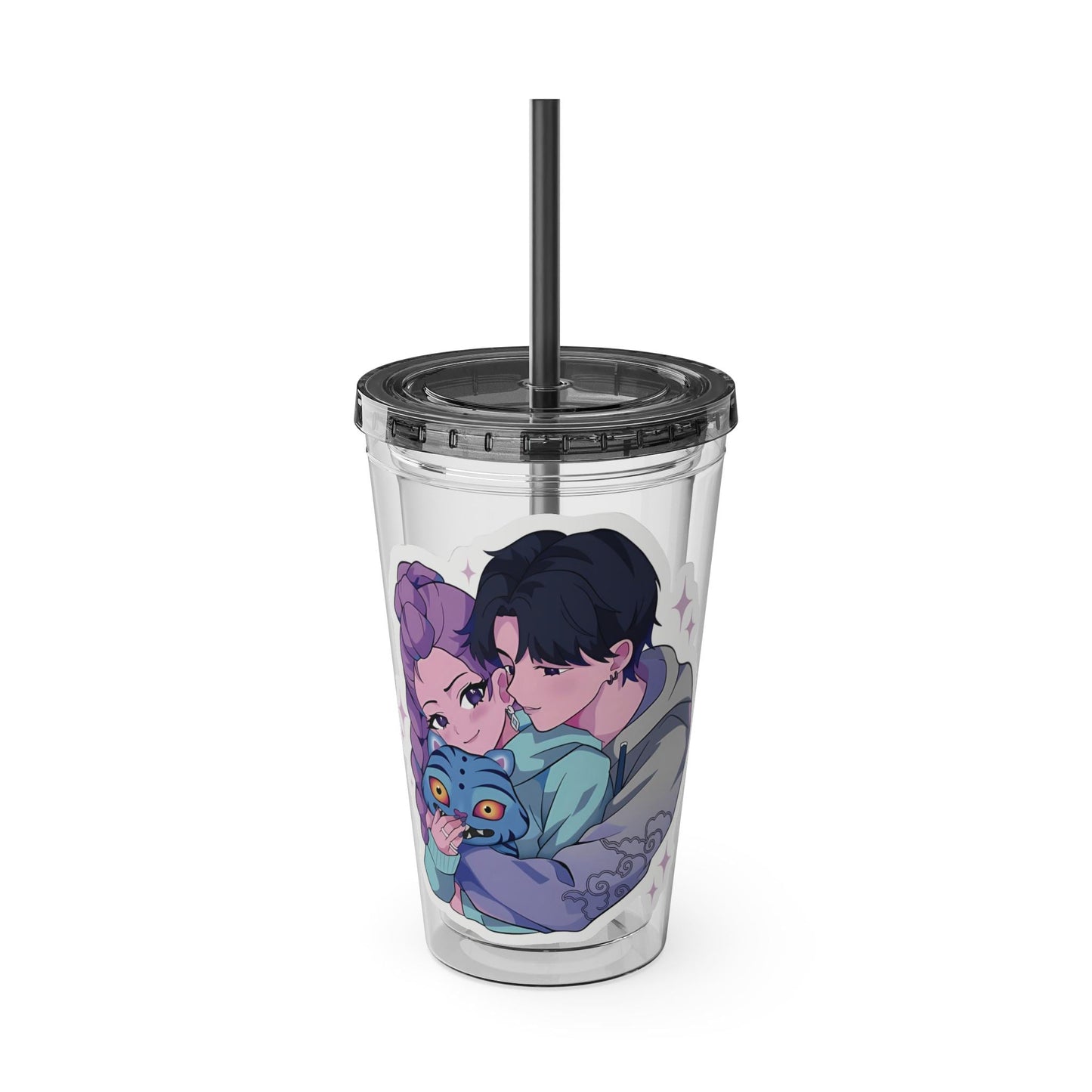 Rumi and Jinu Couple Hugging with Plush Monster Tumbler | K-Pop Demon Hunters Couple Tumbler | Rujinu K-Pop Tumbler | Huntrix Rujinu Tumbler