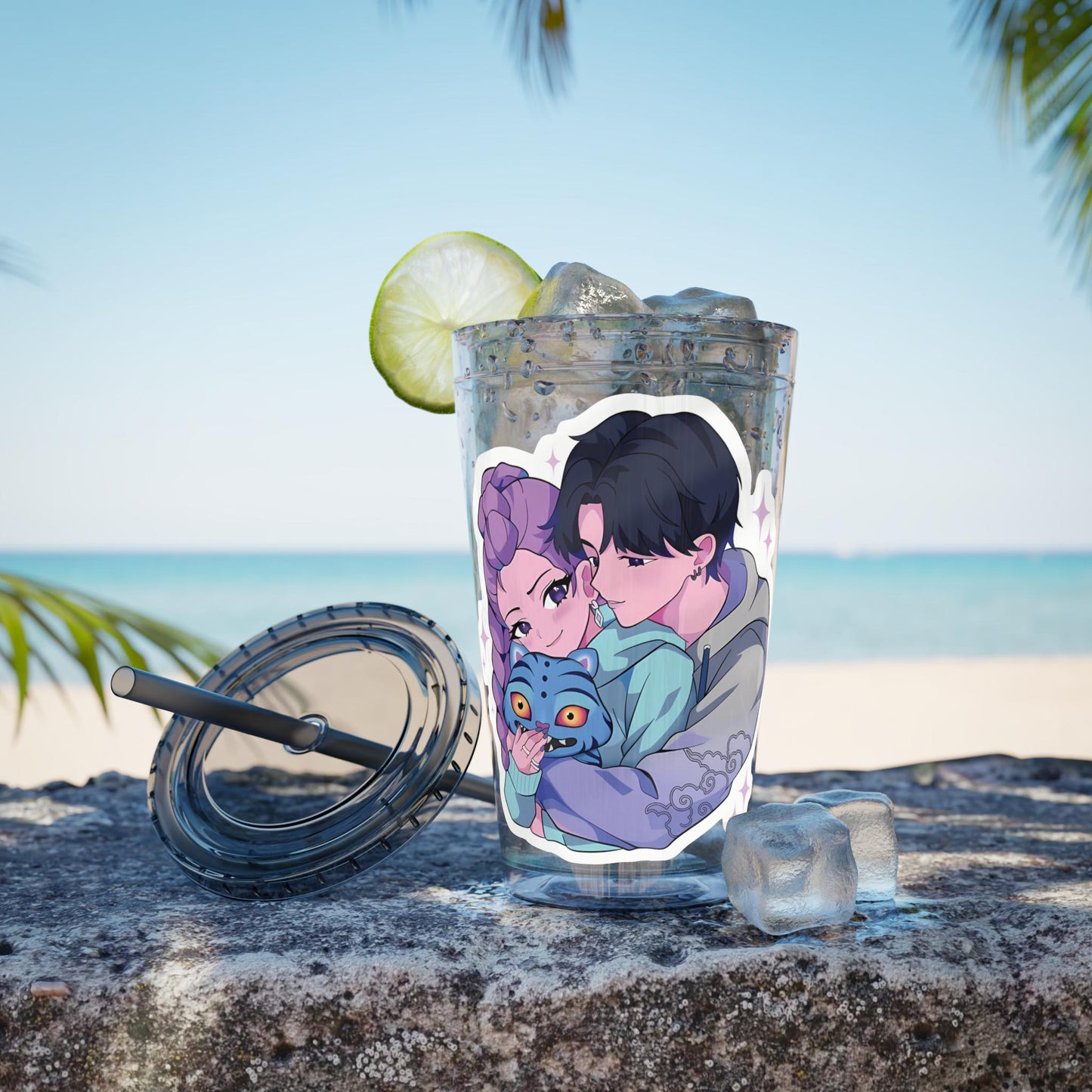 Rumi and Jinu Couple Hugging with Plush Monster Tumbler | K-Pop Demon Hunters Couple Tumbler | Rujinu K-Pop Tumbler | Huntrix Rujinu Tumbler