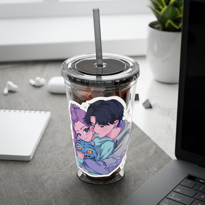 Rumi and Jinu Couple Hugging with Plush Monster Tumbler | K-Pop Demon Hunters Couple Tumbler | Rujinu K-Pop Tumbler | Huntrix Rujinu Tumbler