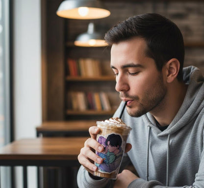 Rumi and Jinu Couple Hugging with Plush Monster Tumbler | K-Pop Demon Hunters Couple Tumbler | Rujinu K-Pop Tumbler | Huntrix Rujinu Tumbler