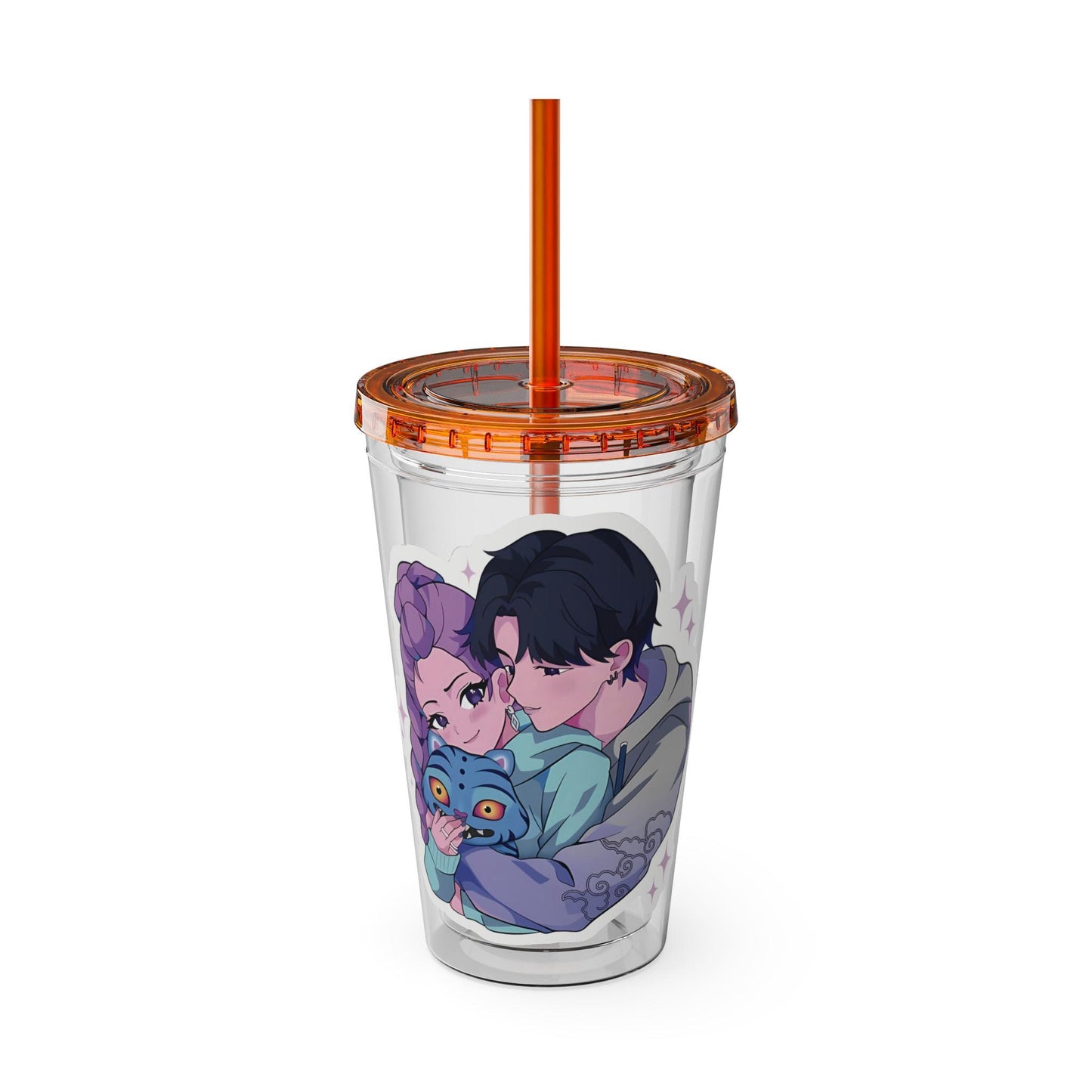 Rumi and Jinu Couple Hugging with Plush Monster Tumbler | K-Pop Demon Hunters Couple Tumbler | Rujinu K-Pop Tumbler | Huntrix Rujinu Tumbler