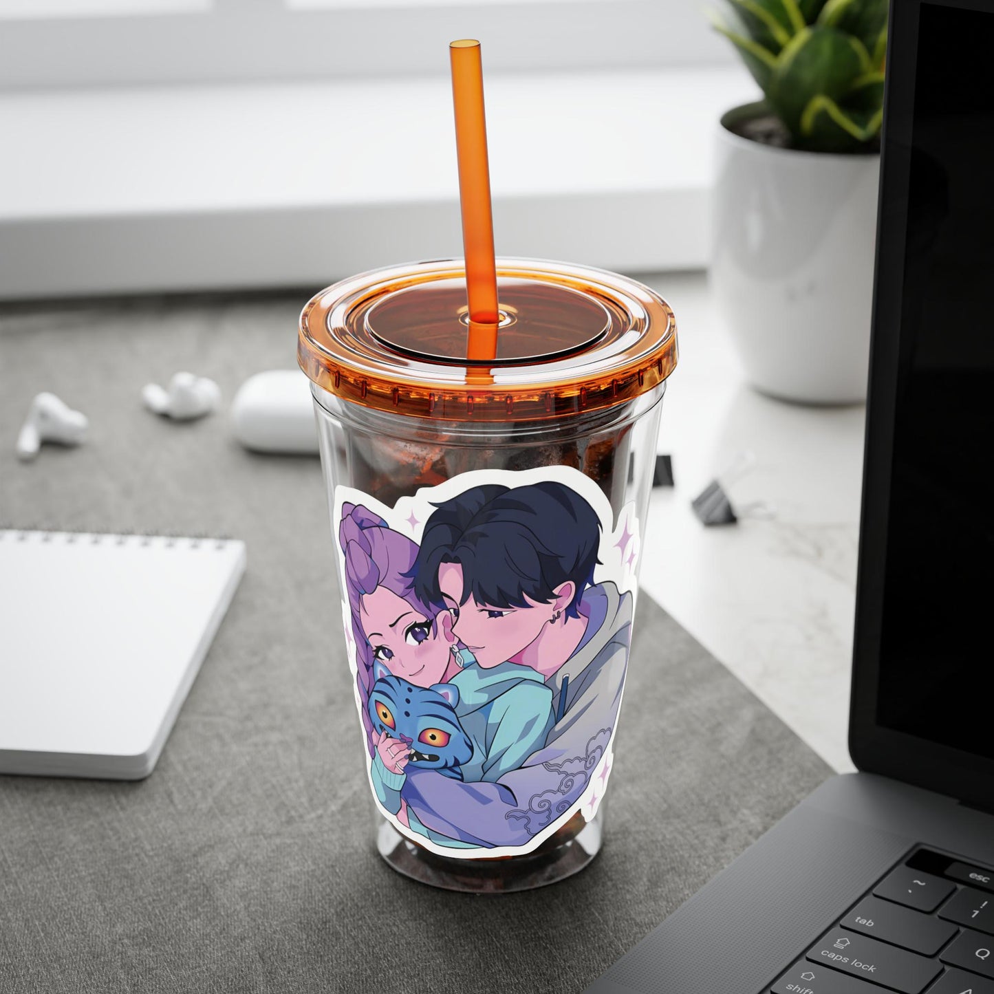 Rumi and Jinu Couple Hugging with Plush Monster Tumbler | K-Pop Demon Hunters Couple Tumbler | Rujinu K-Pop Tumbler | Huntrix Rujinu Tumbler