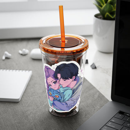 Rumi and Jinu Couple Hugging with Plush Monster Tumbler | K-Pop Demon Hunters Couple Tumbler | Rujinu K-Pop Tumbler | Huntrix Rujinu Tumbler