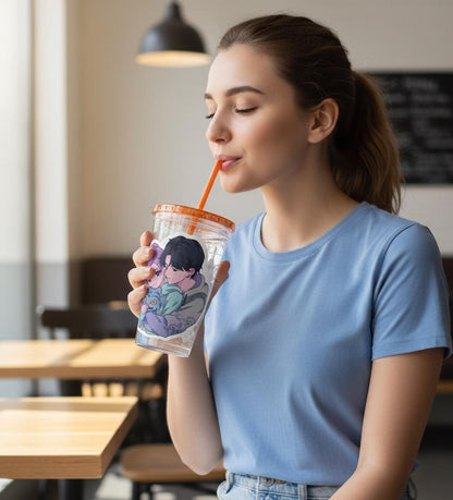 Rumi and Jinu Couple Hugging with Plush Monster Tumbler | K-Pop Demon Hunters Couple Tumbler | Rujinu K-Pop Tumbler | Huntrix Rujinu Tumbler
