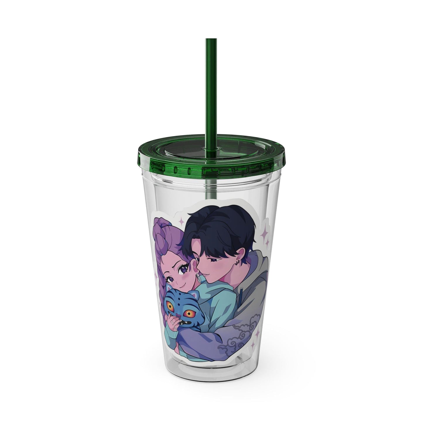 Rumi and Jinu Couple Hugging with Plush Monster Tumbler | K-Pop Demon Hunters Couple Tumbler | Rujinu K-Pop Tumbler | Huntrix Rujinu Tumbler