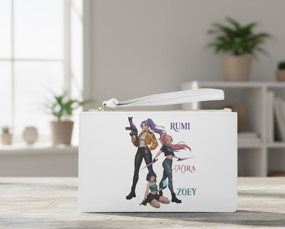 Rumi Zoey Mira trio character illustration Clutch Bag | K-Pop girls trio clutch | Huntrix Girls Clutch | K-Pop Demon Hunters Girls Clutch
