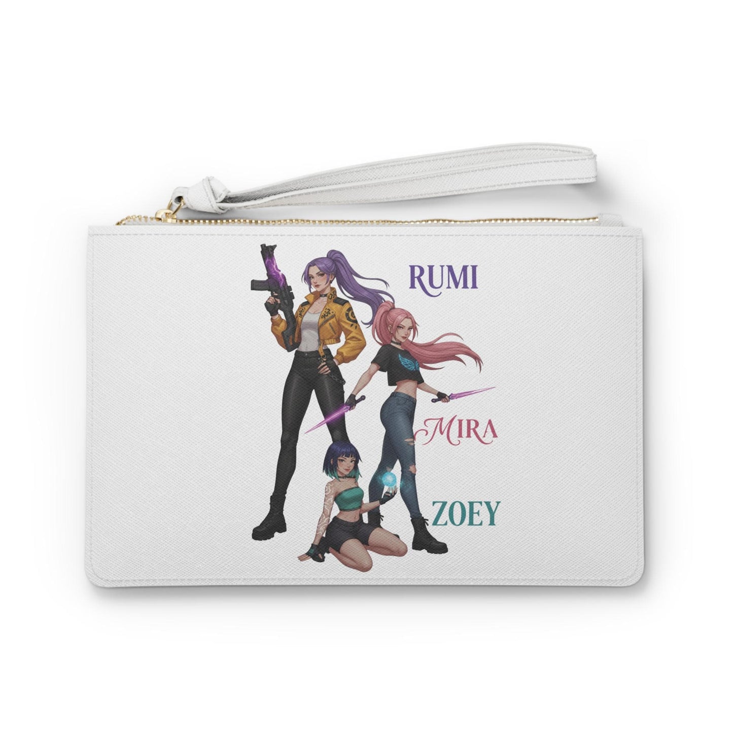 Rumi Zoey Mira trio character illustration Clutch Bag | K-Pop girls trio clutch | Huntrix Girls Clutch | K-Pop Demon Hunters Girls Clutch