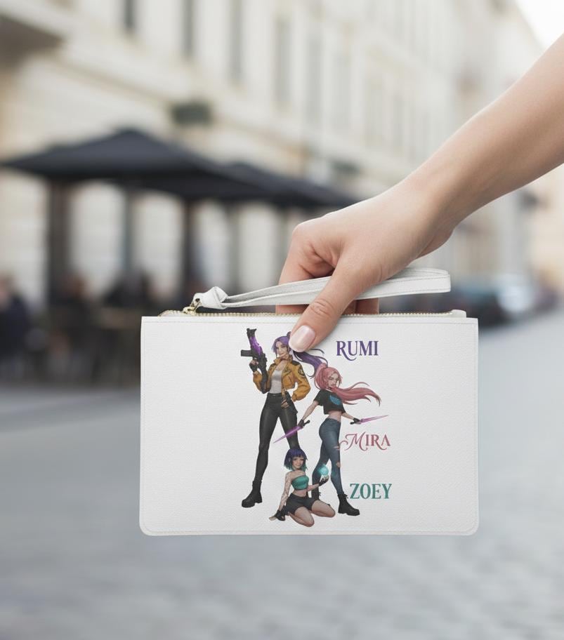 Rumi Zoey Mira trio character illustration Clutch Bag | K-Pop girls trio clutch | Huntrix Girls Clutch | K-Pop Demon Hunters Girls Clutch
