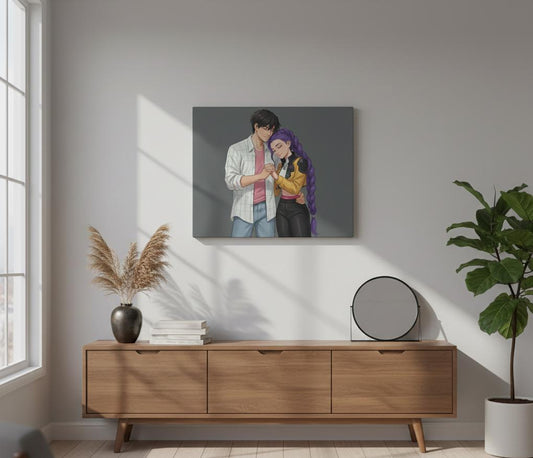 K-Pop Romantic Couple Illustration Canvas Stretched | 0.75" | Rujinu K-Pop Couple Canvas | Rumi and Jinu Couple Canvas | Huntrix Canvas