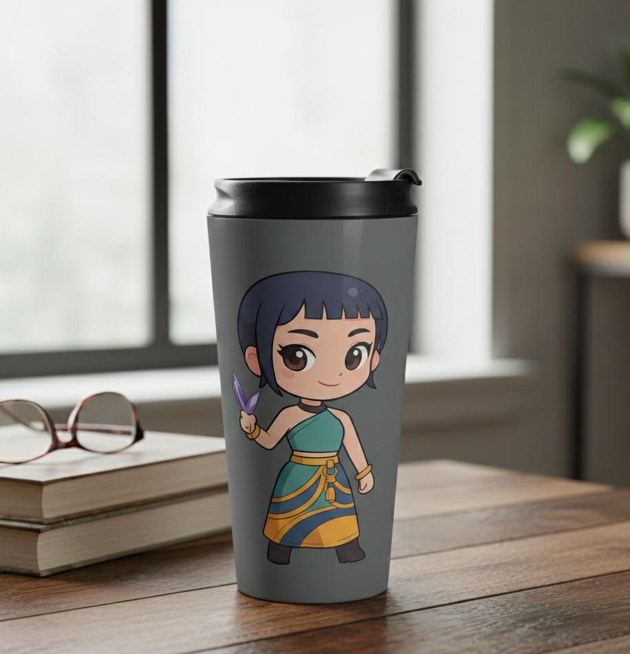 Chibi Warrior Girl Stainless Steel Travel Mug | K-Pop Chibi Mug | K-Pop Demon Hunters Travel Mug | K-Pop Chibi Mug | Huntrix Travel Mug