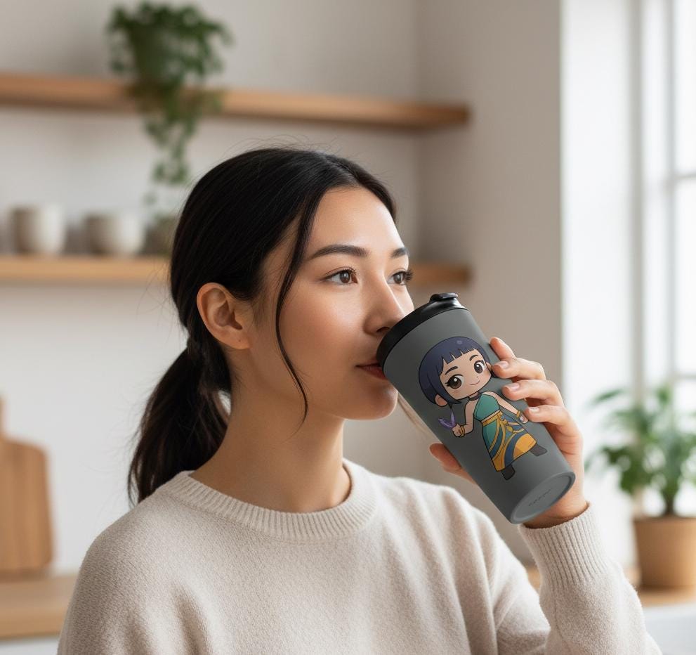 Chibi Warrior Girl Stainless Steel Travel Mug | K-Pop Chibi Mug | K-Pop Demon Hunters Travel Mug | K-Pop Chibi Mug | Huntrix Travel Mug